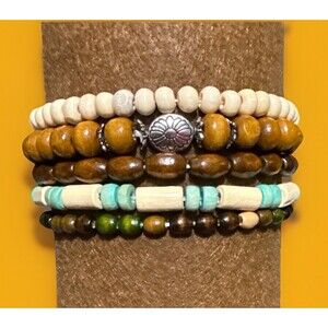 Boho Wooden Bead Bracelets - 5 Piece Set - Stacking Layering - Flower - Unisex